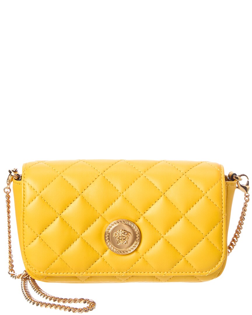 Versace Iconic Leather Wallet On Chain In Yellow