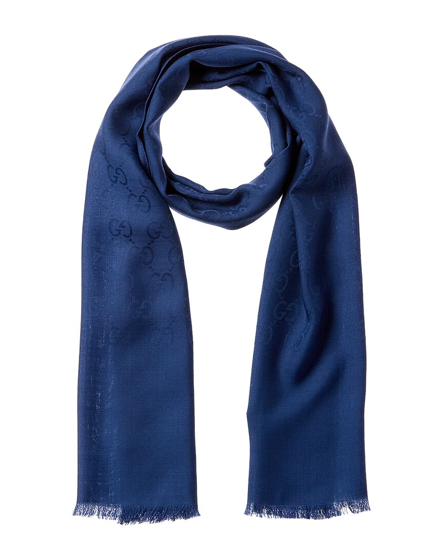 GUCCI GGロゴマフラー ブルー Gucci Logo Small Jacquard Wool & Silk-Blend Scarf Women's | eBay