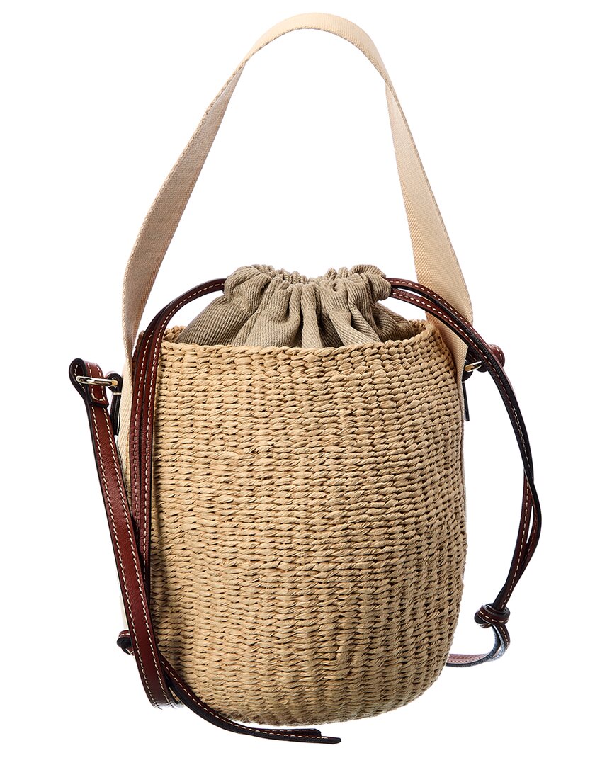 Chloé Woody Small Raffia & Leather Bucket Bag In Beige