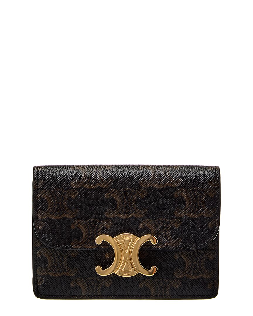 Celine Triomphe Canvas & Leather Card Holder In Brown