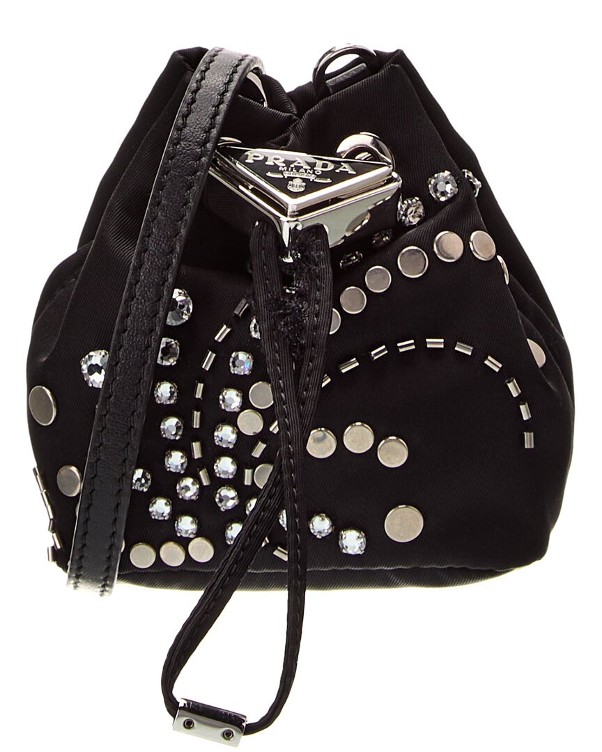Prada Logo Nylon Bucket Bag In Black