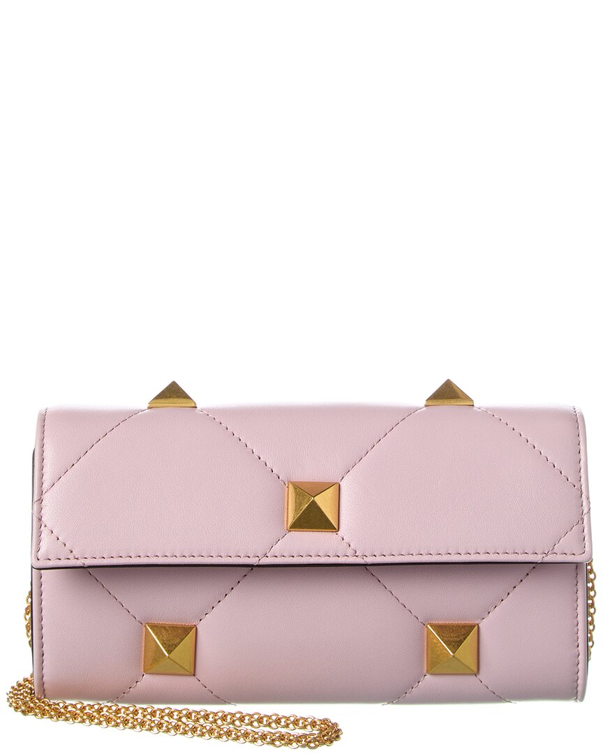 Shop Valentino Roman Stud Leather Wallet On Chain In Purple