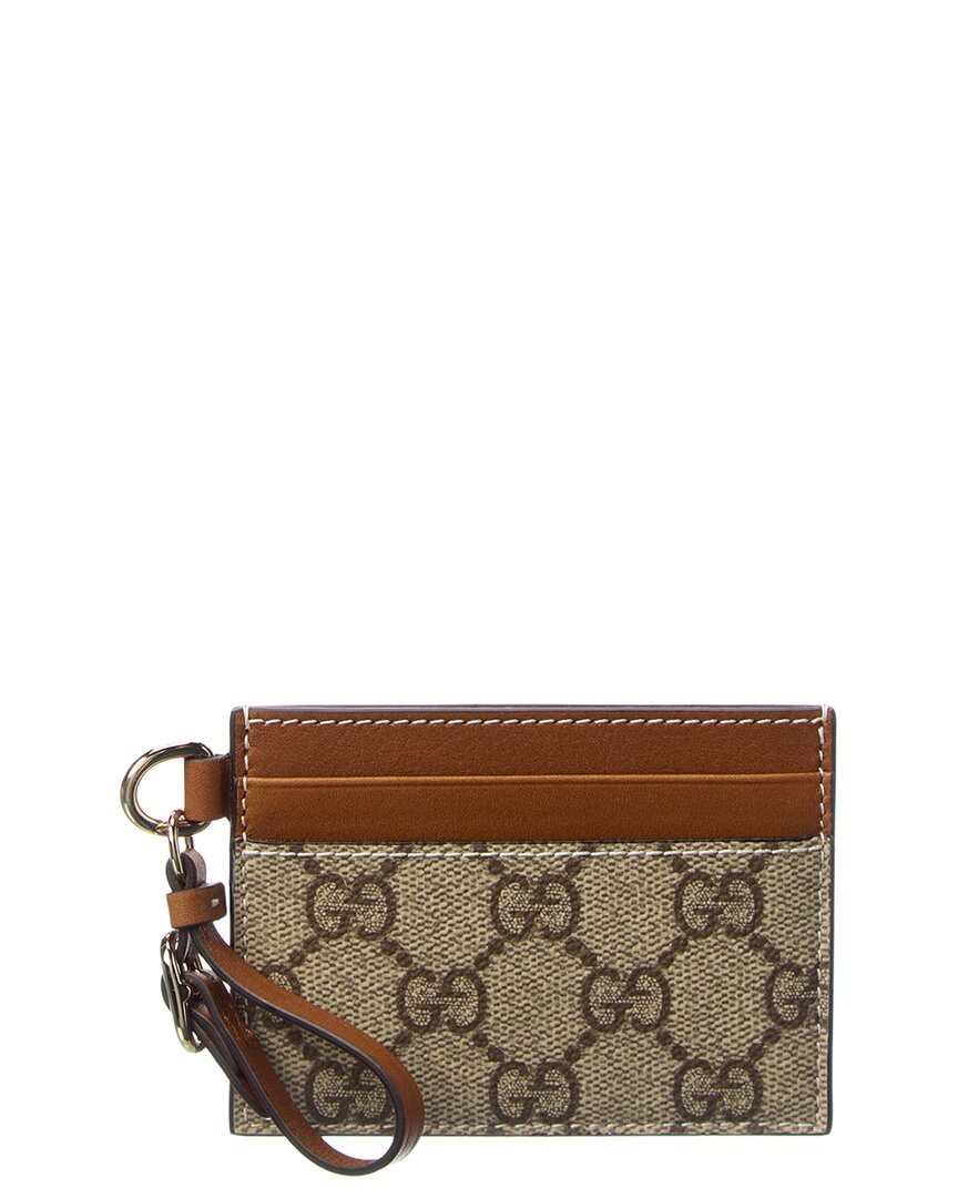 Gucci Emblem Gg Supreme Canvas & Leather Card Case In Beige