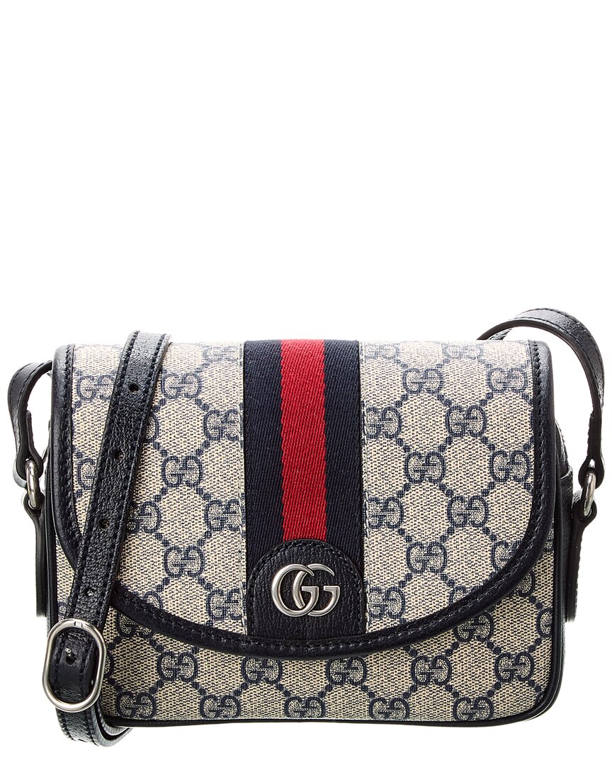 Shop Gucci Ophidia Mini Gg Supreme Canvas & Leather Shoulder Bag In Blue