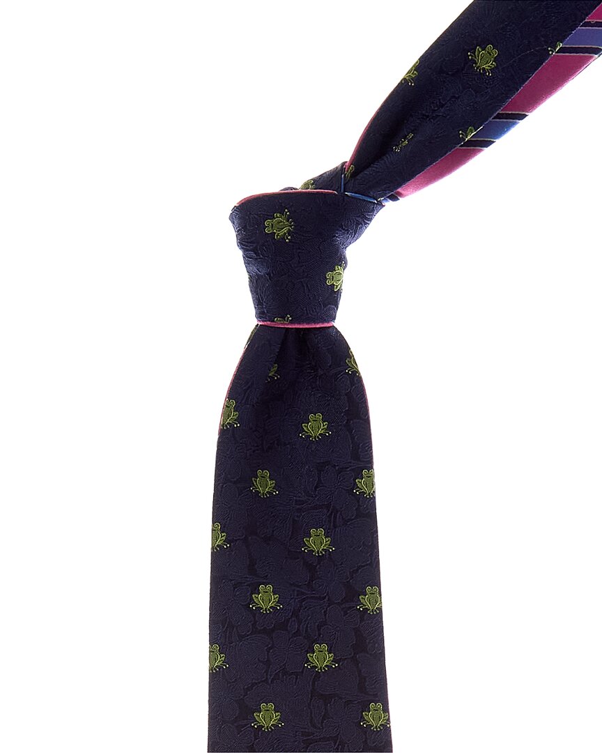 Canali Navy Frogs/pink & Blue Stripes Reversible Silk Tie