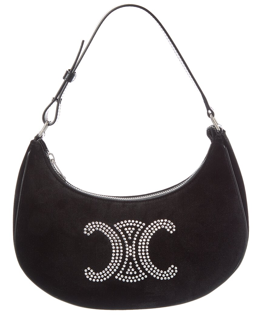 Celine Ava Triomphe Strass Velvet Shoulder Bag In Black
