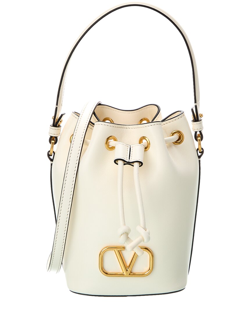 Shop Valentino Vlogo Signature Mini Leather Bucket Bag In White Gold