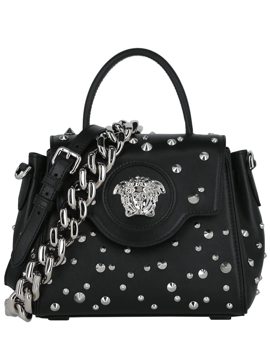 Shop Versace Studded La Medusa Leather Shoulder Bag In Black