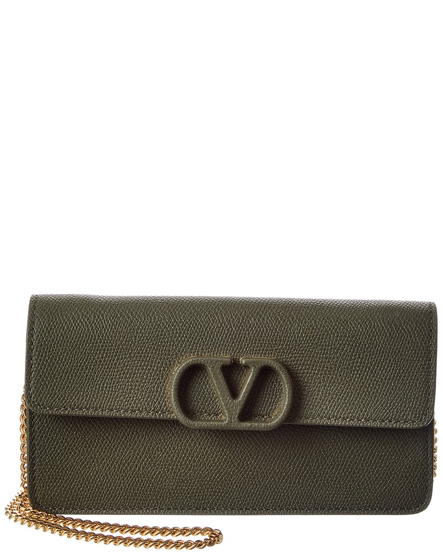 Valentino Garavani Valentino Vlogo Signature Leather Wallet On Chain In Green