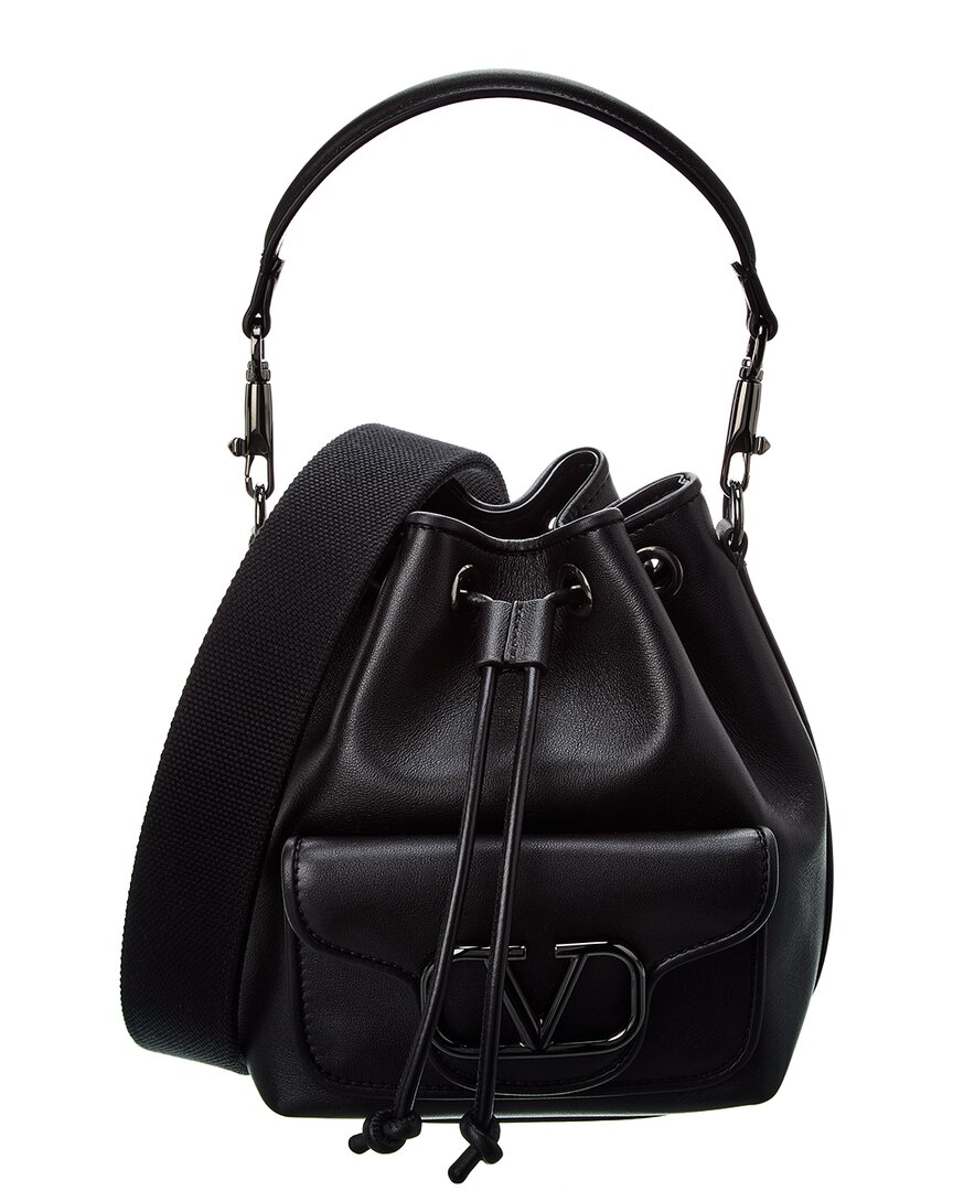 Shop Valentino Vlogo Leather Bucket Bag In Black