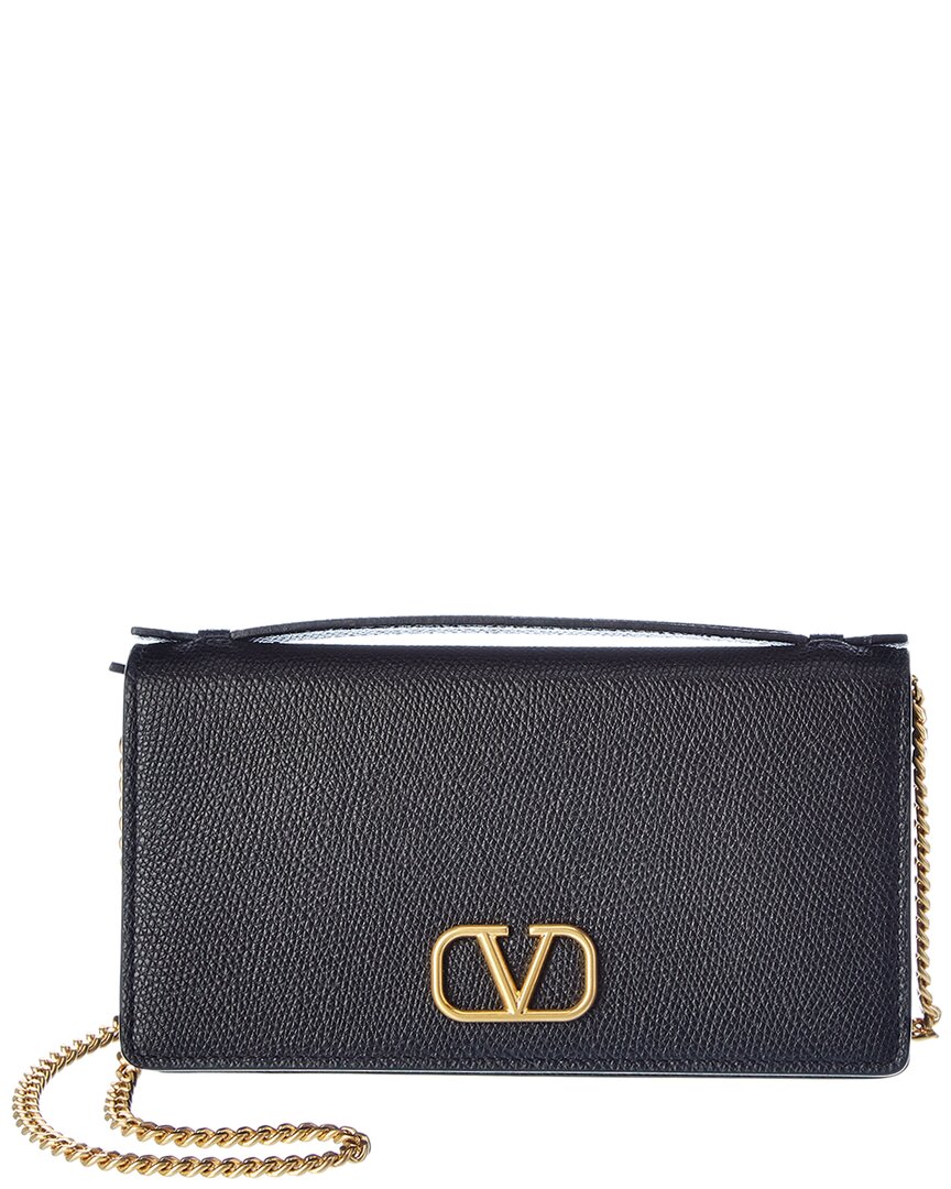 Valentino Garavani Valentino Vlogo Leather Wallet On Chain In Black