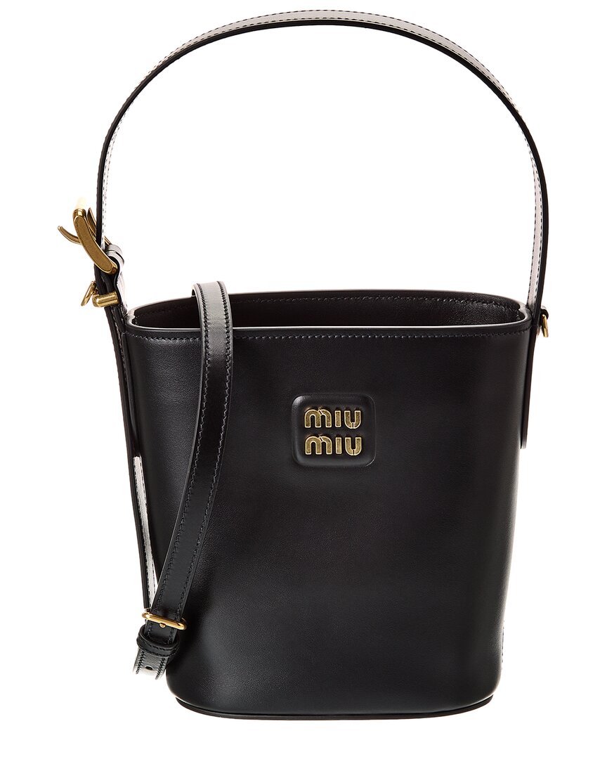 Miu Miu Logo Leather Bucket Bag In Black