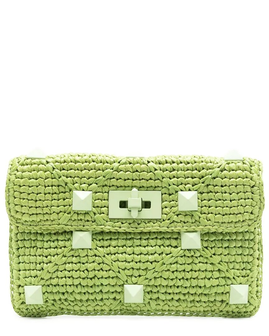 Valentino Rockstud Crochet-knit Clutch Bag In Green