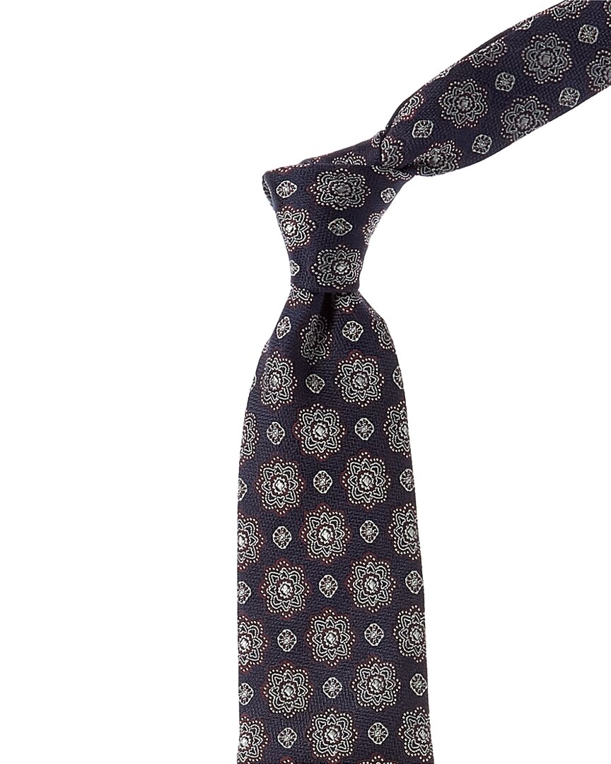 Brunello Cucinelli Navy Floral Medallion Silk Tie