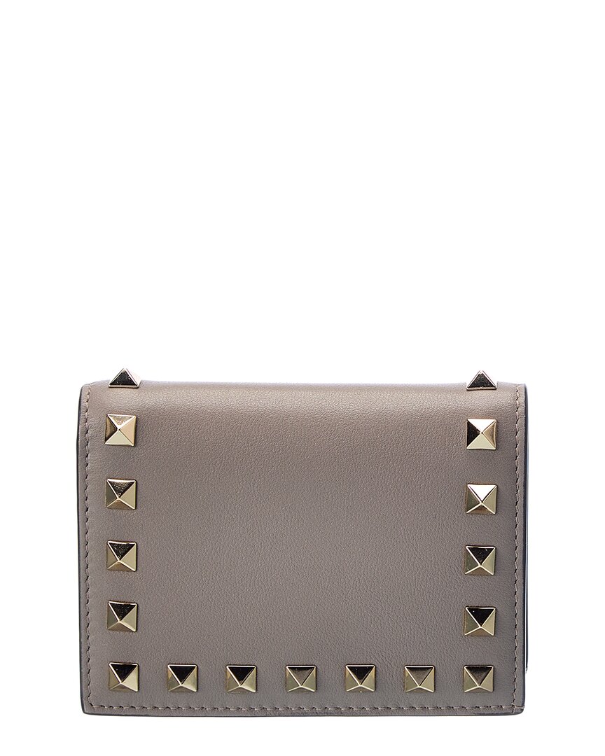 Shop Valentino Rockstud Leather Card Holder In Grey