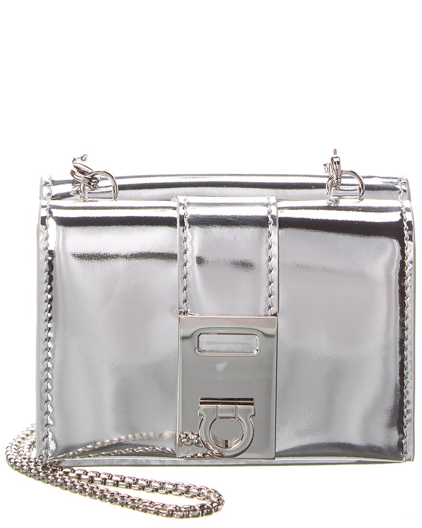 Shop Ferragamo Hug Leather French Wallet On Chain In Silver