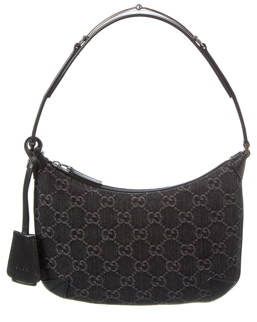 Shop Gucci Horsebit Slim Small Gg Denim Shoulder Bag In Black