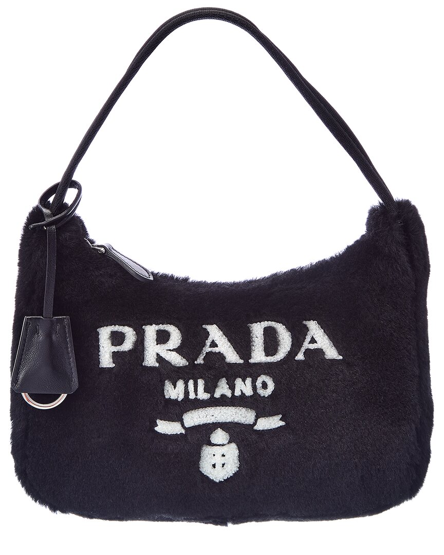 Shop Prada Re-edition 2000 Mini Shearling Shoulder Bag In Black