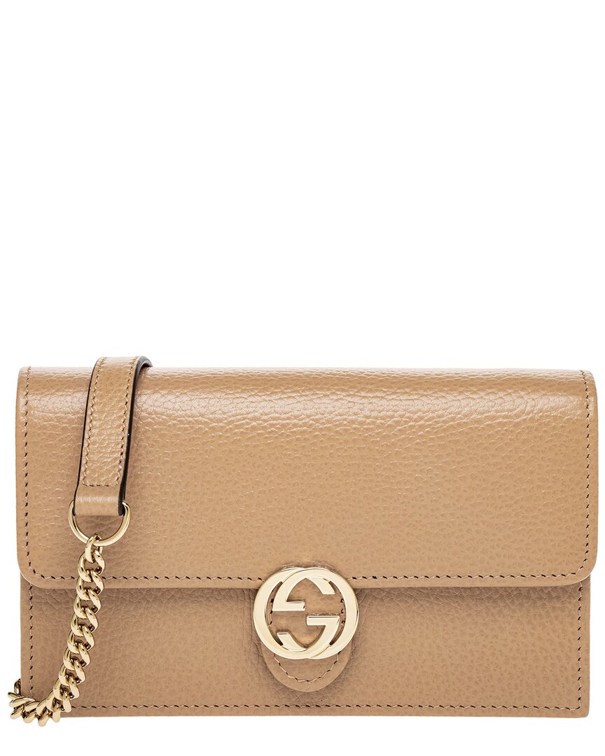 Shop Gucci Gg Leather Wallet On Chain In Beige