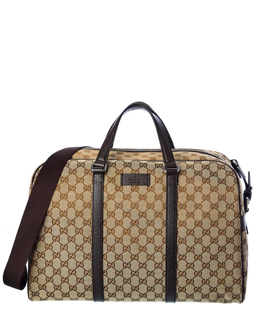 Shop Gucci Gg Canvas & Leather Tote Carry-on Duffel Bag In Beige
