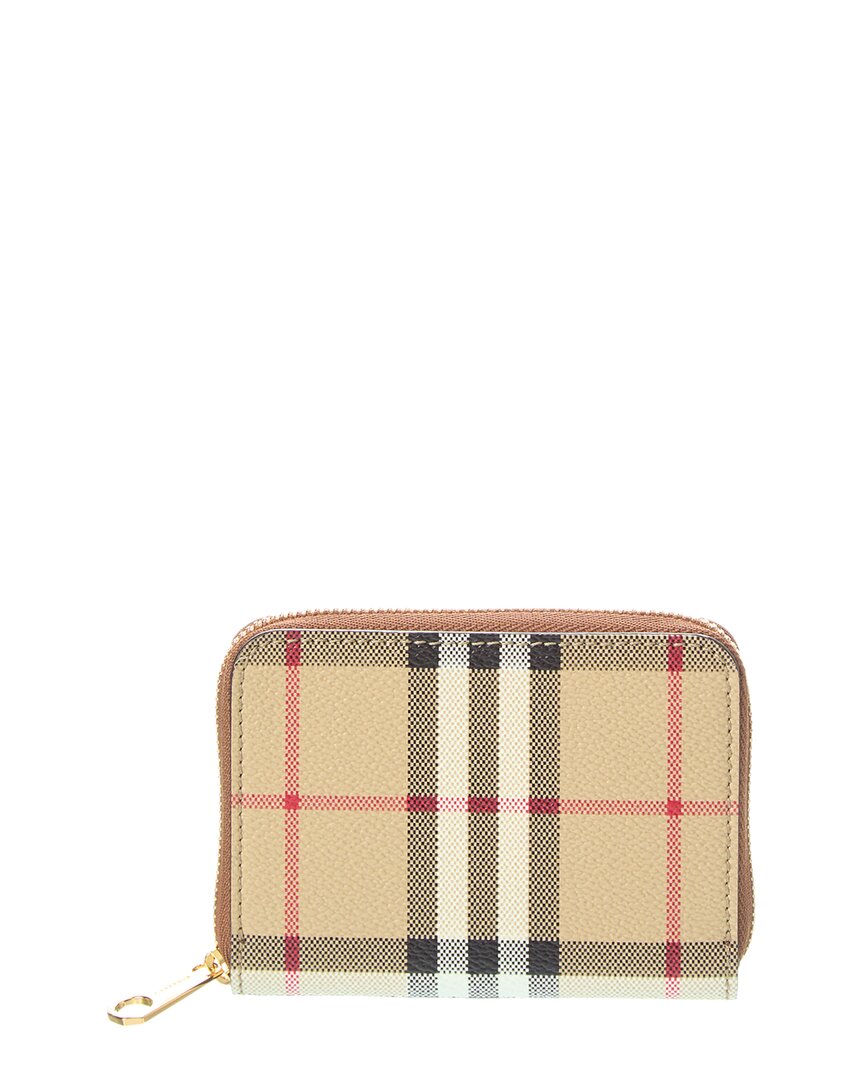 Shop Burberry Mini E-canvas & Leather Zip Around Wallet In Brown
