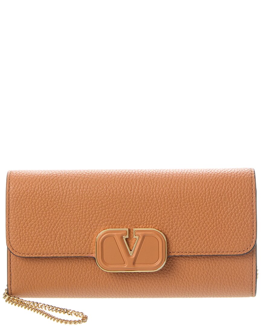 Shop Valentino Vlogo Grainy Leather Wallet On Chain In Beige