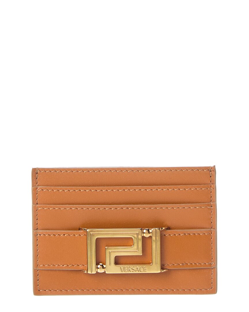 Shop Versace Greca Leather Card Case In Brown