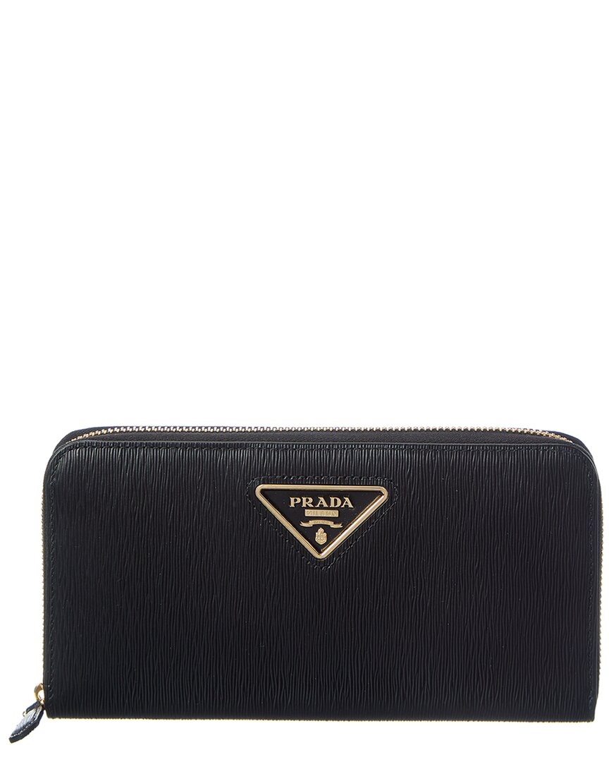 Prada Logo Leather Zip Around Wallet In Black