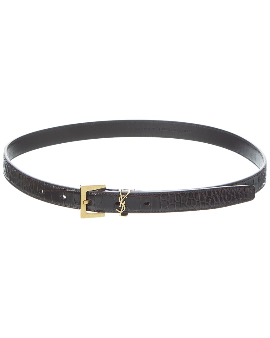 Saint Laurent Monogram Croc-embossed Leather Belt In Brown