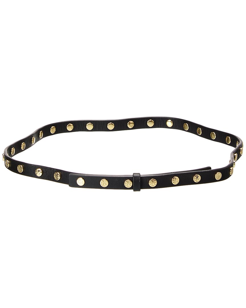Tory Burch Logo Studded Skinny Leather Belt In Black