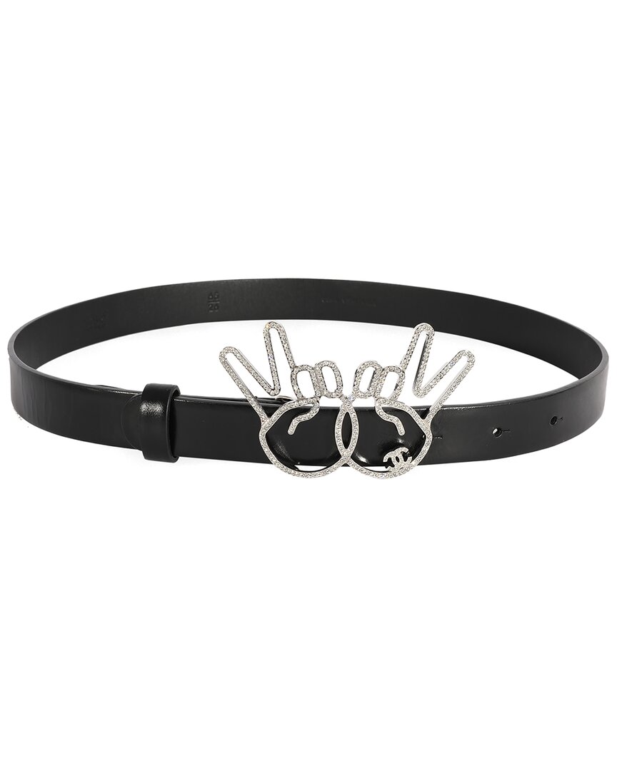 Pre-owned Chanel Black Calfskin Crystal Peace Sign Emoji Belt, Size 65/26 (authentic Pre-loved)