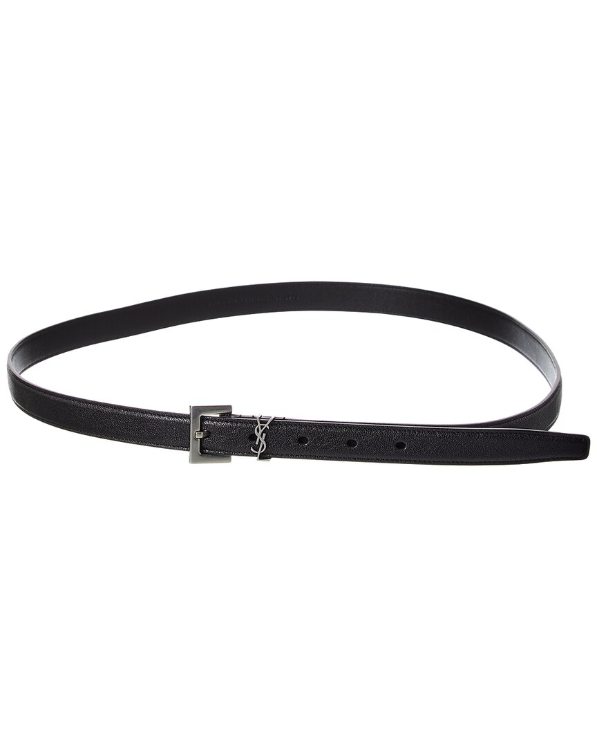 Saint Laurent Cassandre Thin Leather Belt In Black