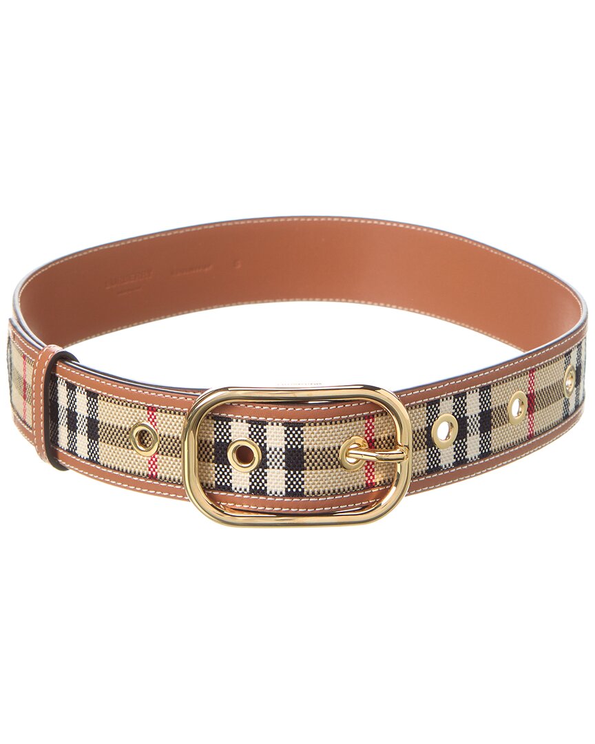 Burberry Check Canvas & Leather Belt In Beige