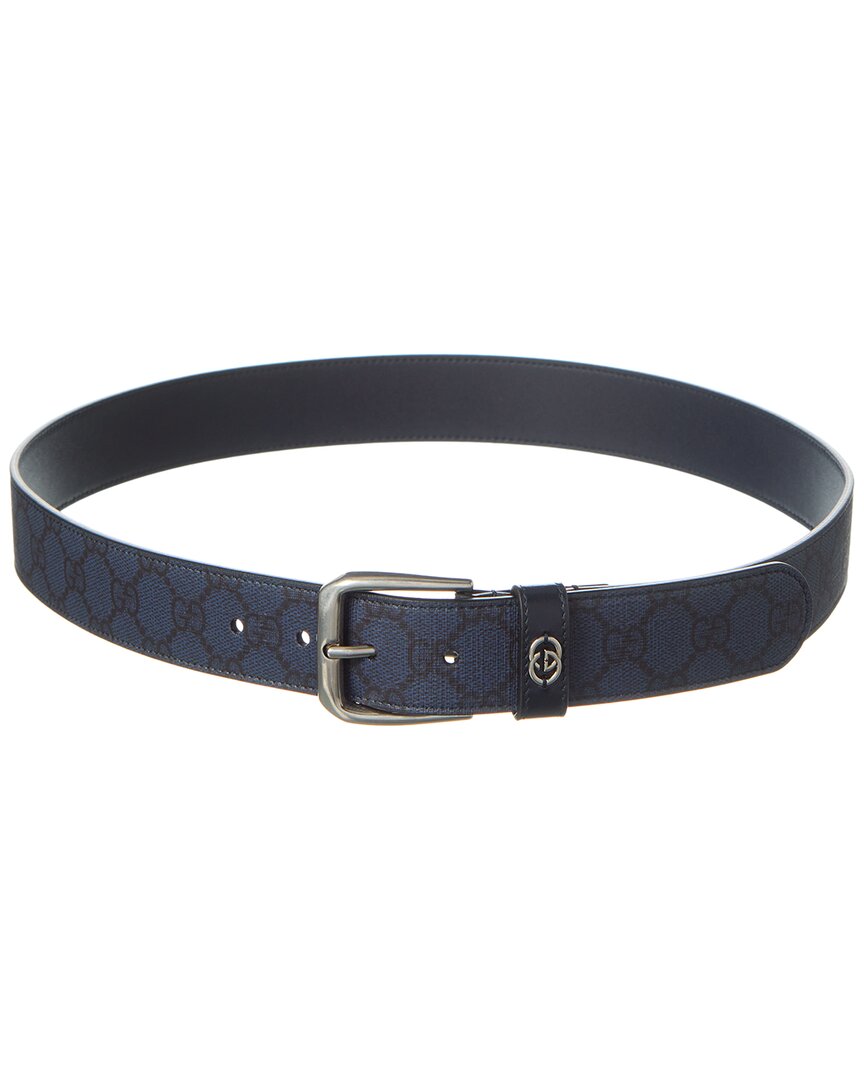 Gucci Interlocking G Detail Gg Supreme Canvas & Leather Belt In Blue