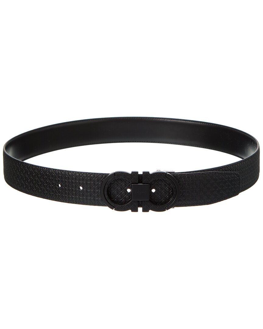 Ferragamo Black Reversible Belt With Gancini Buckle On The Front And All-over Gancini Motif In Black