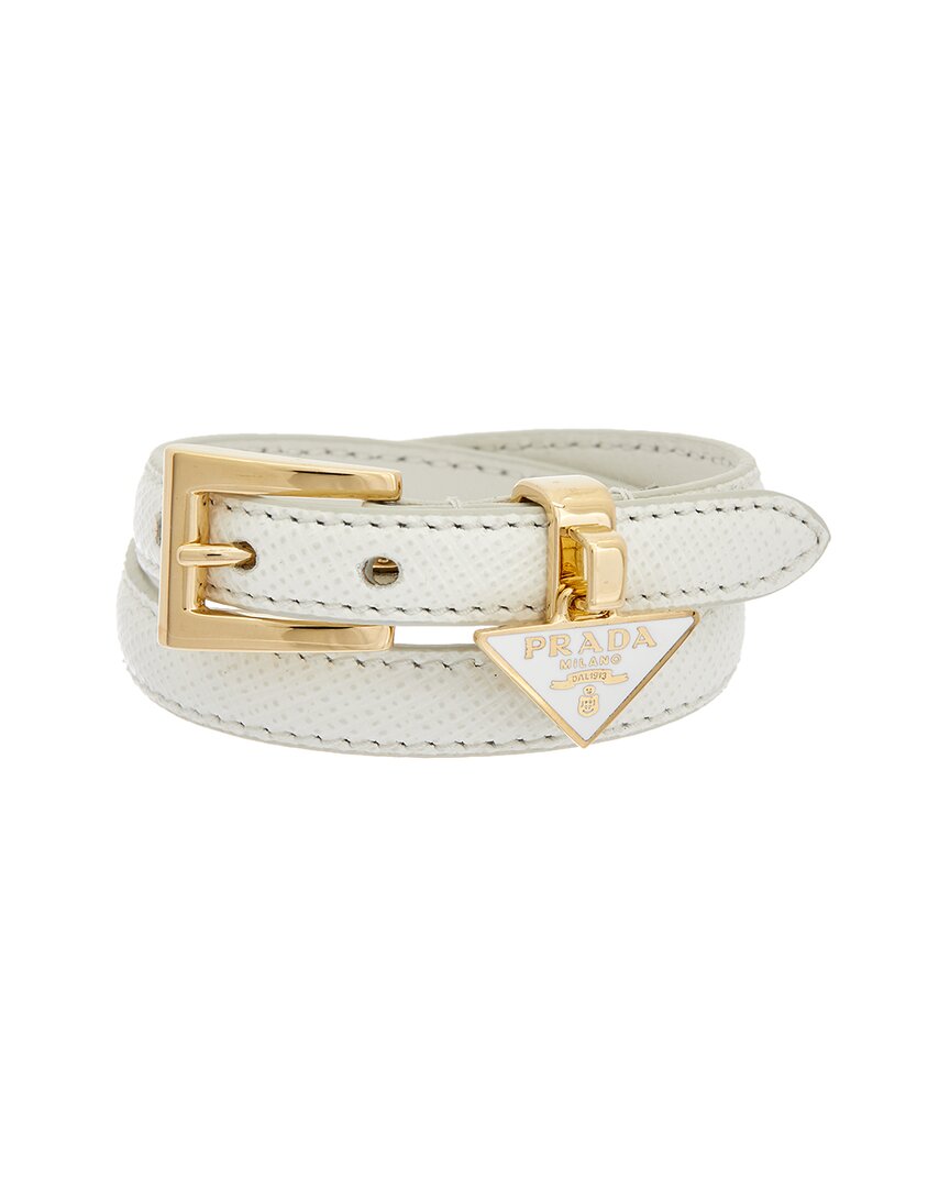 Shop Prada Logo Triangle Buckled Leather Bracelet In White