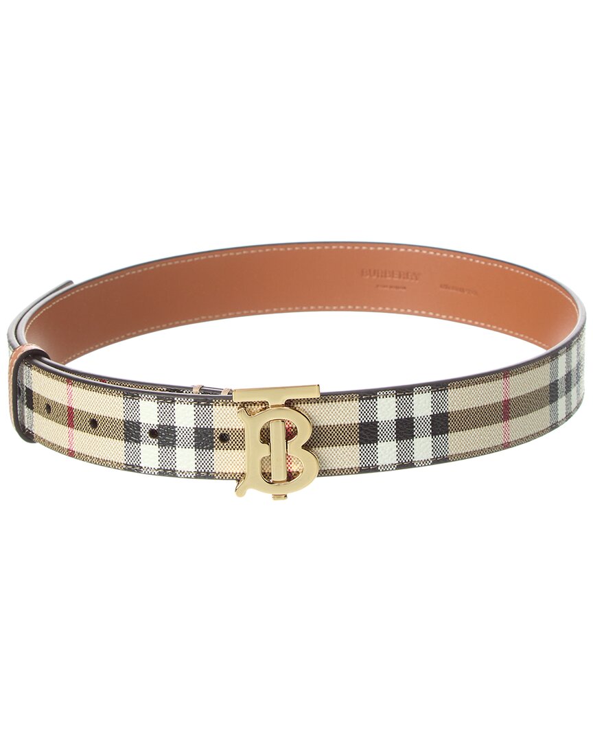 Shop Burberry Check Tb E-canvas & Leather Belt In Beige