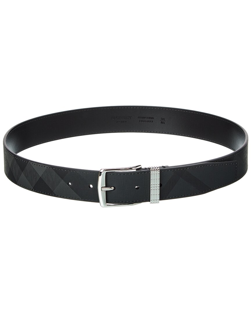 Shop Burberry Check E-canvas & Leather Belt In Grey