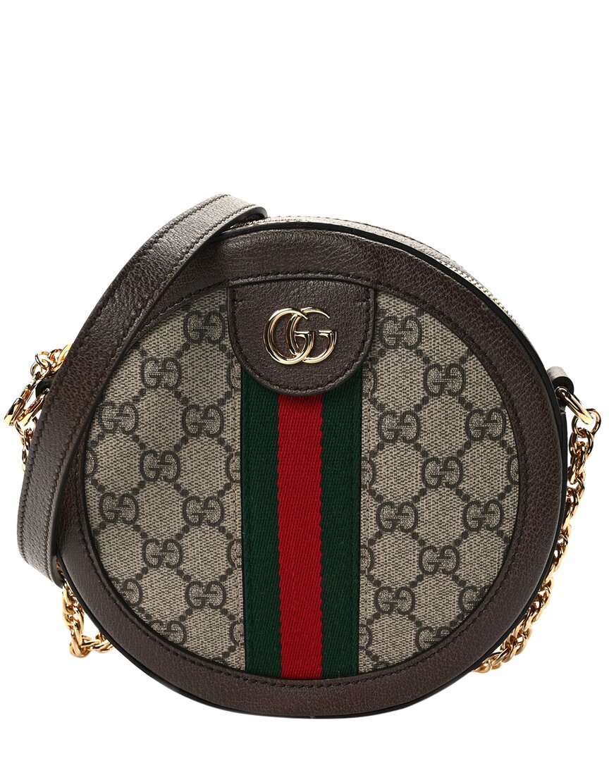 GUCCI GUCCI BROWN GG SUPREME CANVAS WEB MINI OPHIDIA ROUND SHOULDER BAG (AUTHENTIC  PRE-OWNED)