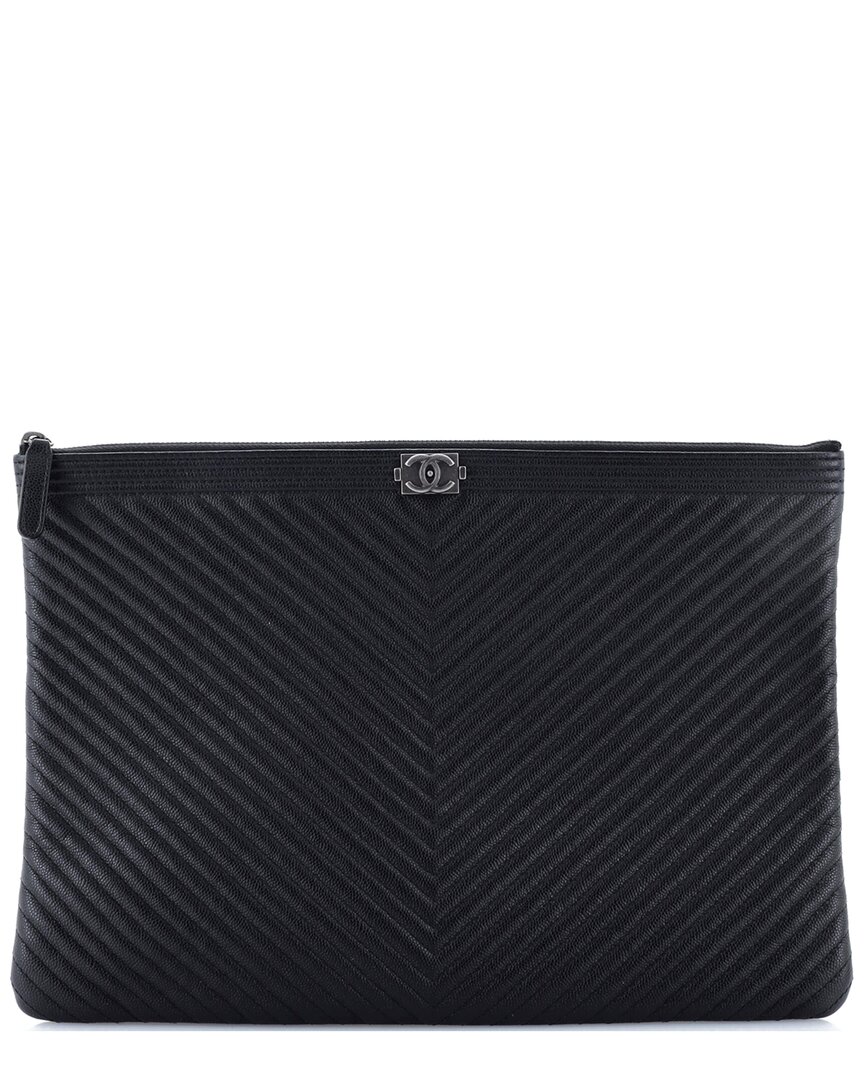 Pre-owned Chanel Black Chevron Lambskin Boy O Case Clutch Large (authentic Pre-loved)