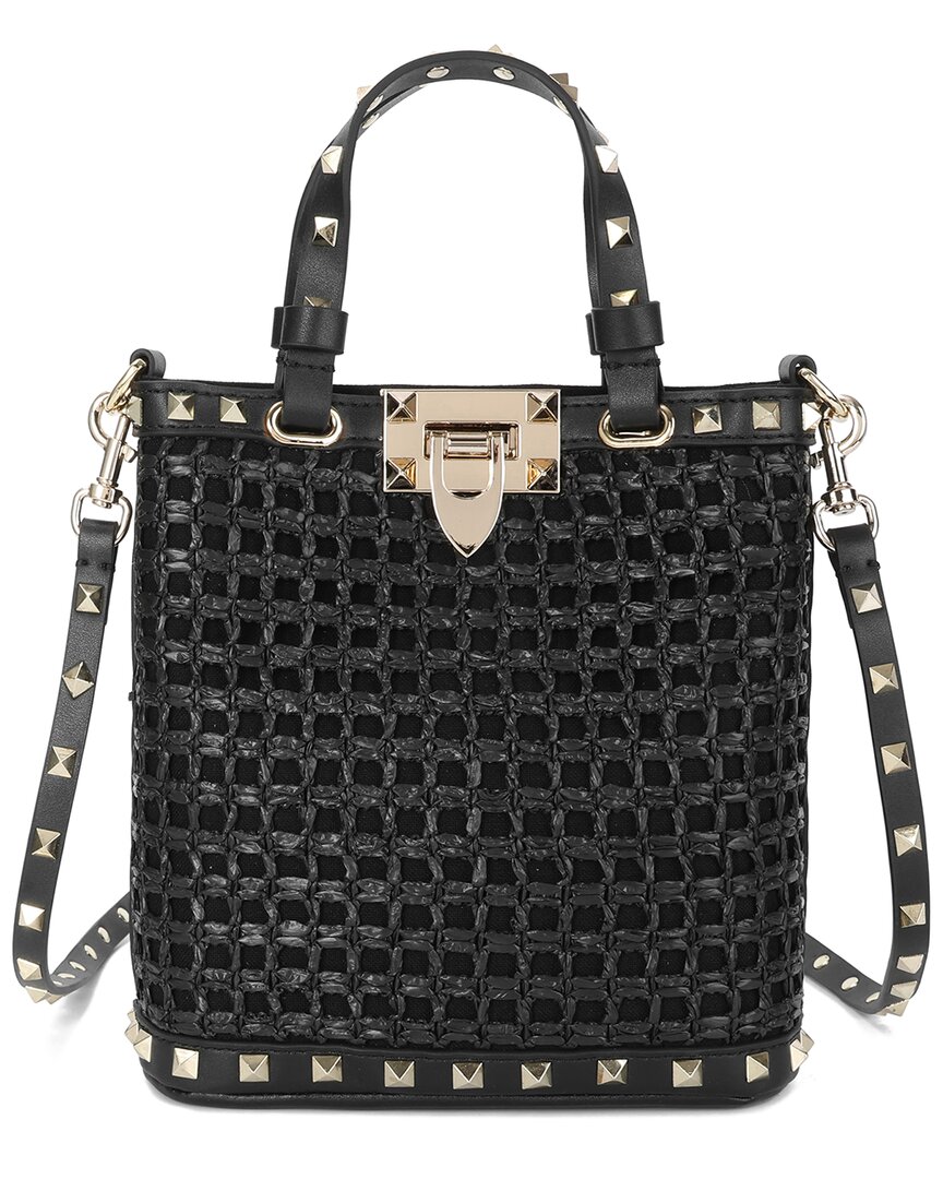 Tiffany & Fred Paris Elegant Woven Raffia & Leather Tote In Black