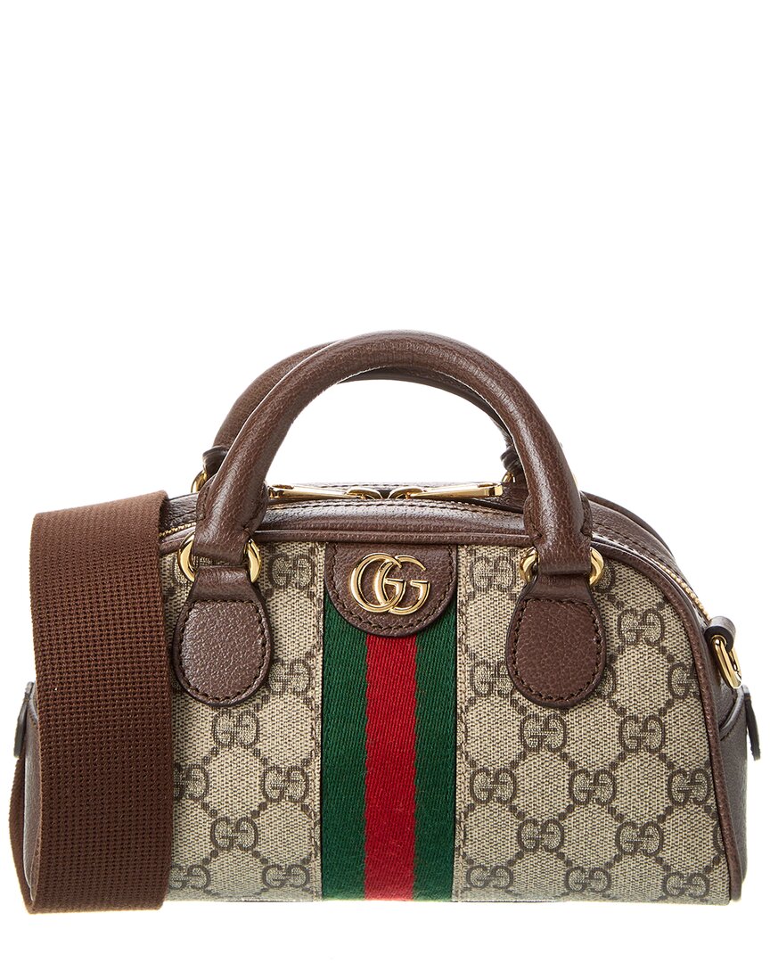 Gucci Ophidia Gg Mini Beige And Ebony Handbag With Leather Details And Web In Gg Supreme Canvas Woman In Brown