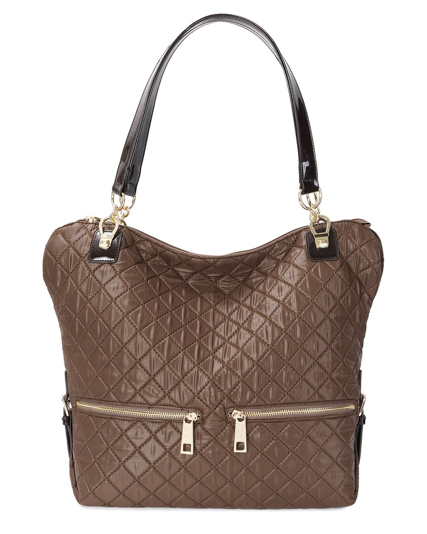 Tiffany & Fred Paris Quilted Woven Nylon & Patent Tote In Brown