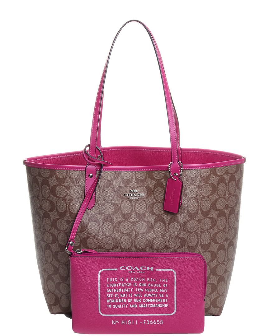 Coach Signature Reversible City Leather Tote In Brown