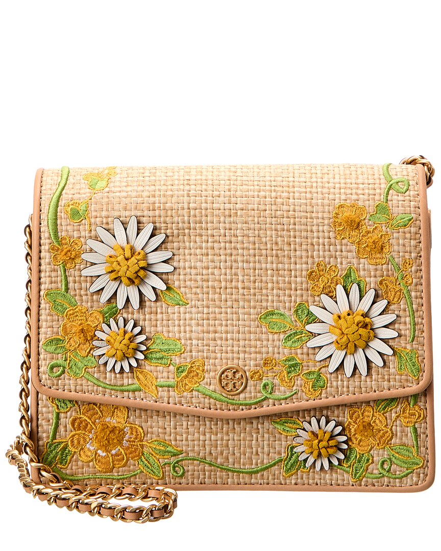 Tory Burch Robinson Embroidered Straw & Leather Convertible Shoulder Bag In  Brown | ModeSens