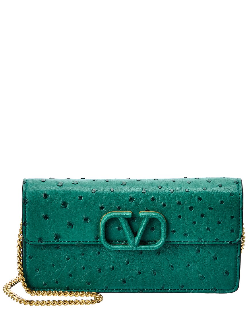 Valentino Garavani Vsling Ostrich Leather Wallet On Chain In Green