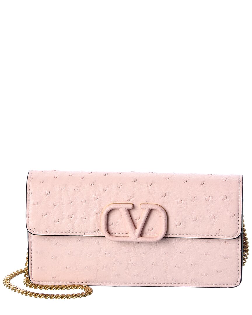 Valentino Vsling Ostrich Leather Wallet On Chain