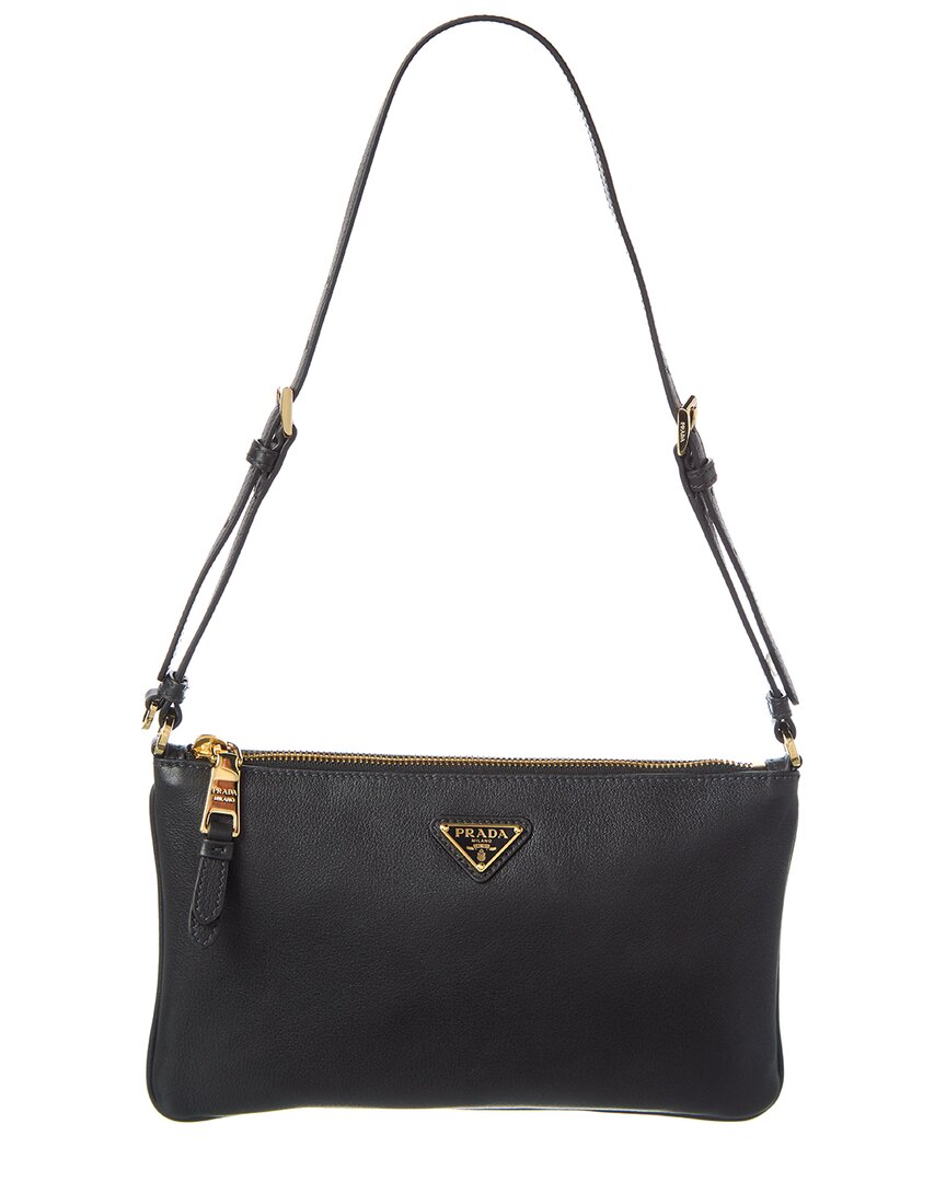 Prada Logo Small Leather Shoulder Bag In Black