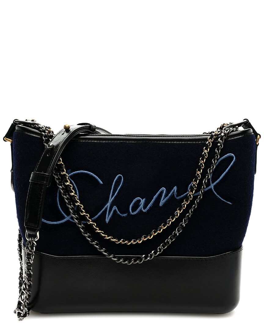 Pre-owned Chanel Black Canvas Embroidered Paris Hamburg Medium Gabrielle Hobo Bag (authentic Pre-loved)
