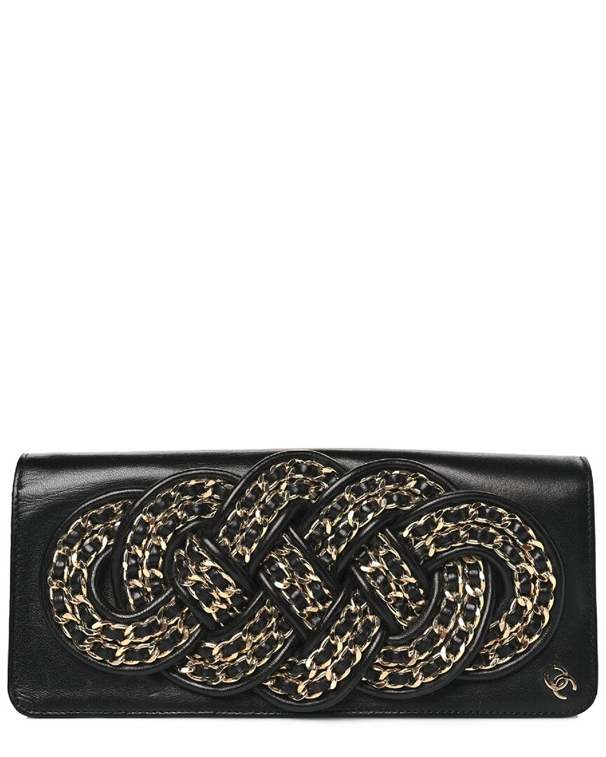 Pre-owned Chanel Black Lambskin Leather Gold Chain Knot Clutch (authentic Pre-loved)